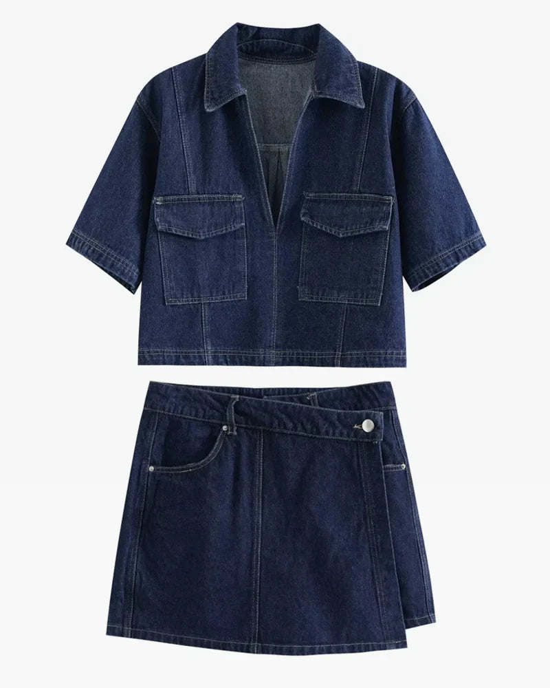 Levoire | Shorts En Denim Élégants Et Haut Avec Décolleté En V Moderne Bleu foncé