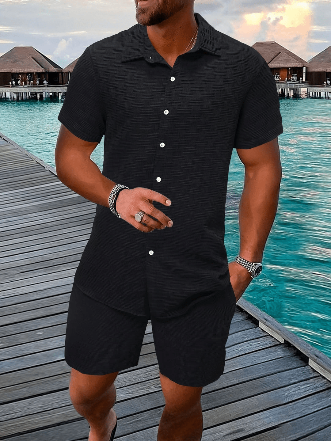Levoire | Tenue pour hommes à la mode 2 pièces Chemise classique avec shorts Noir