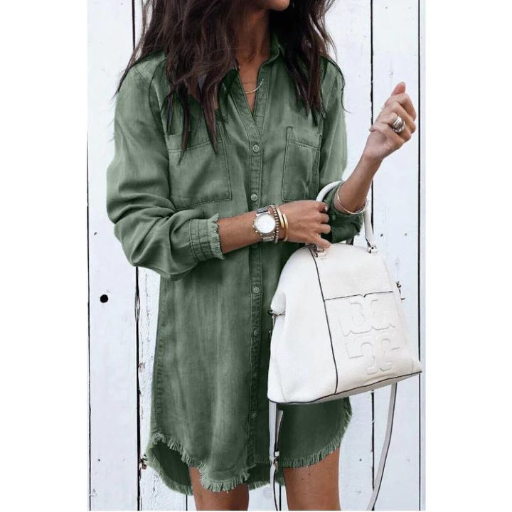 Levoire | Robe Chemise En Denim Avec Ourlet Effiloché Pour Femmes Vert