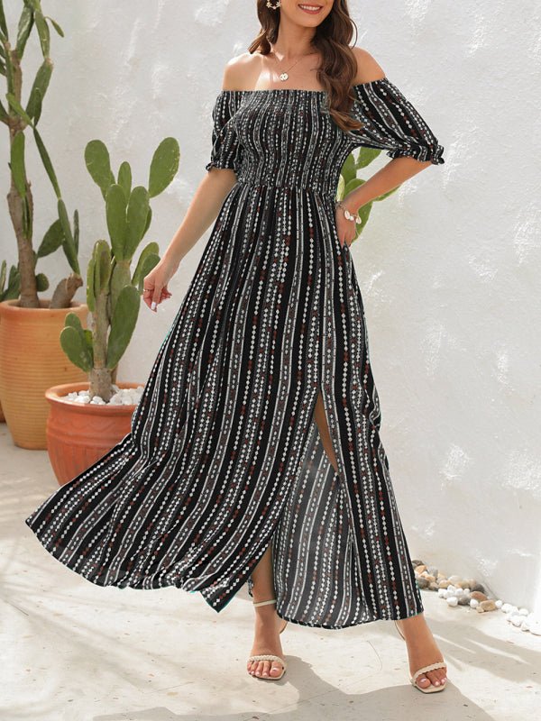 Levoire | Robe à fente imprimée à rayures verticales Robe de vacances à une épaule Noir