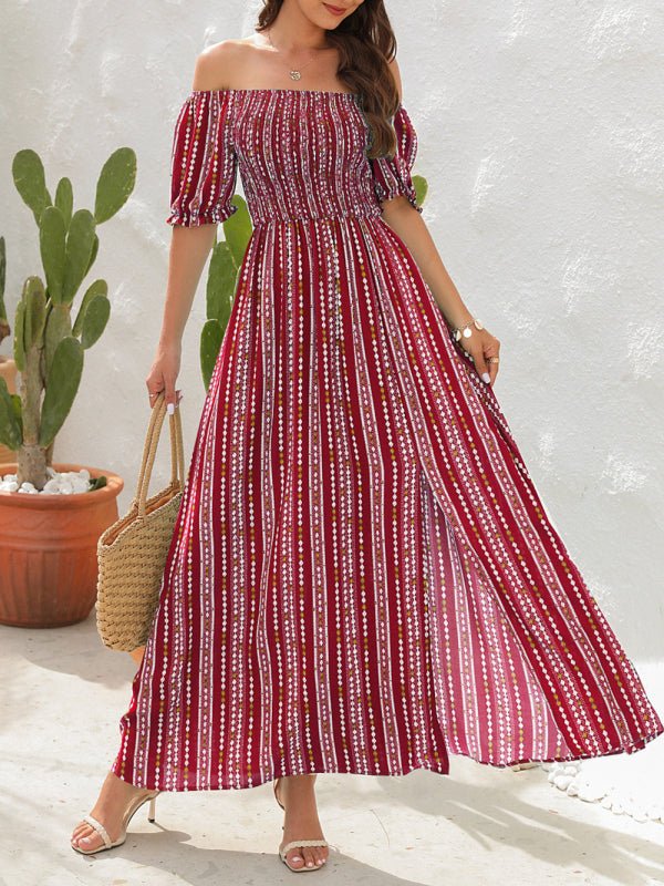 Levoire | Robe à fente imprimée à rayures verticales Robe de vacances à une épaule