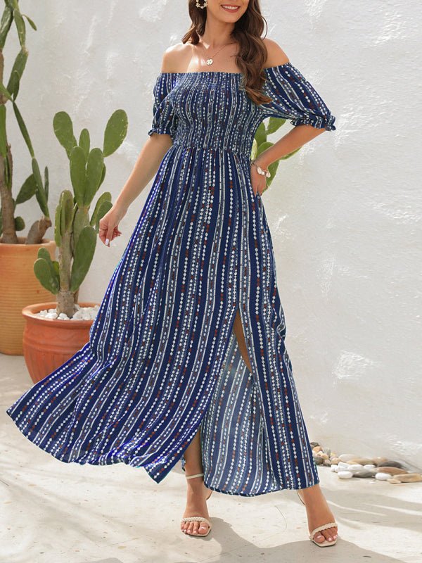 Levoire | Robe à fente imprimée à rayures verticales Robe de vacances à une épaule Bleu