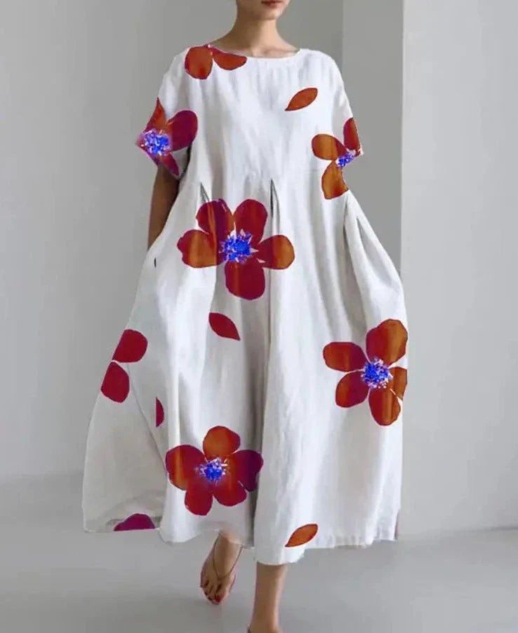 Levoire | Robe En Lin Avec Un Motif Floral Surdimensionné Pour Femmes Orange