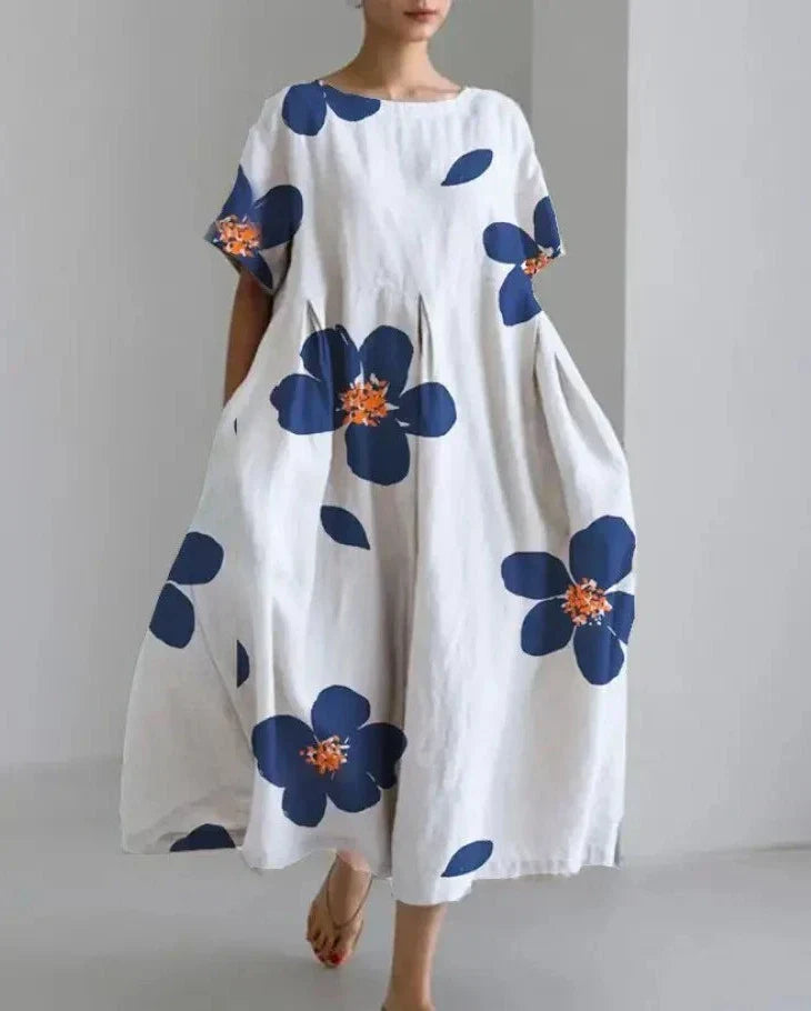 Levoire | Robe En Lin Avec Un Motif Floral Surdimensionné Pour Femmes Bleu