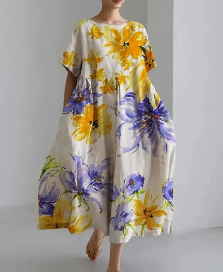 Levoire | Robe En Lin Avec Un Motif Floral Surdimensionné Pour Femmes Jaune