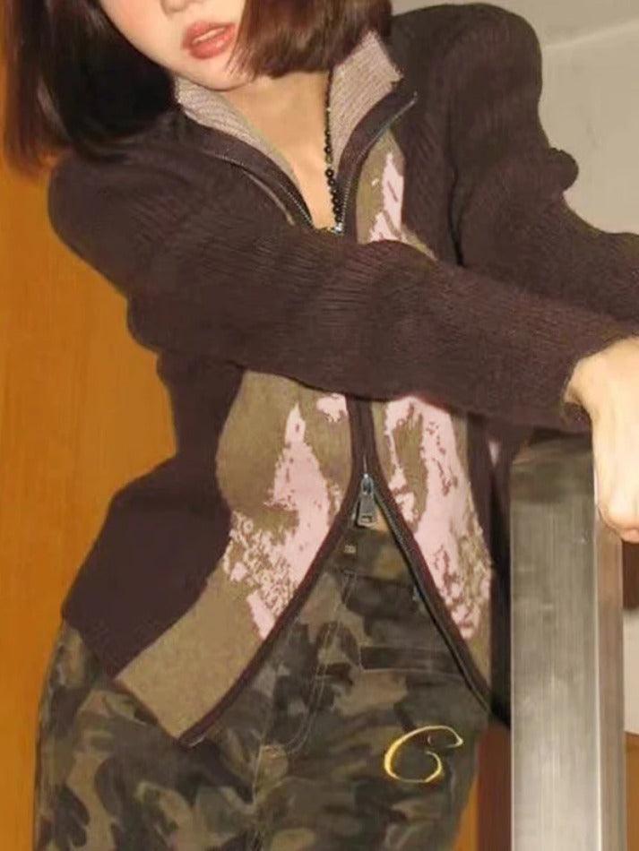 Levoire | Veste En Tricot À Imprimé Abstrait Weinlese Couleur Contrastée