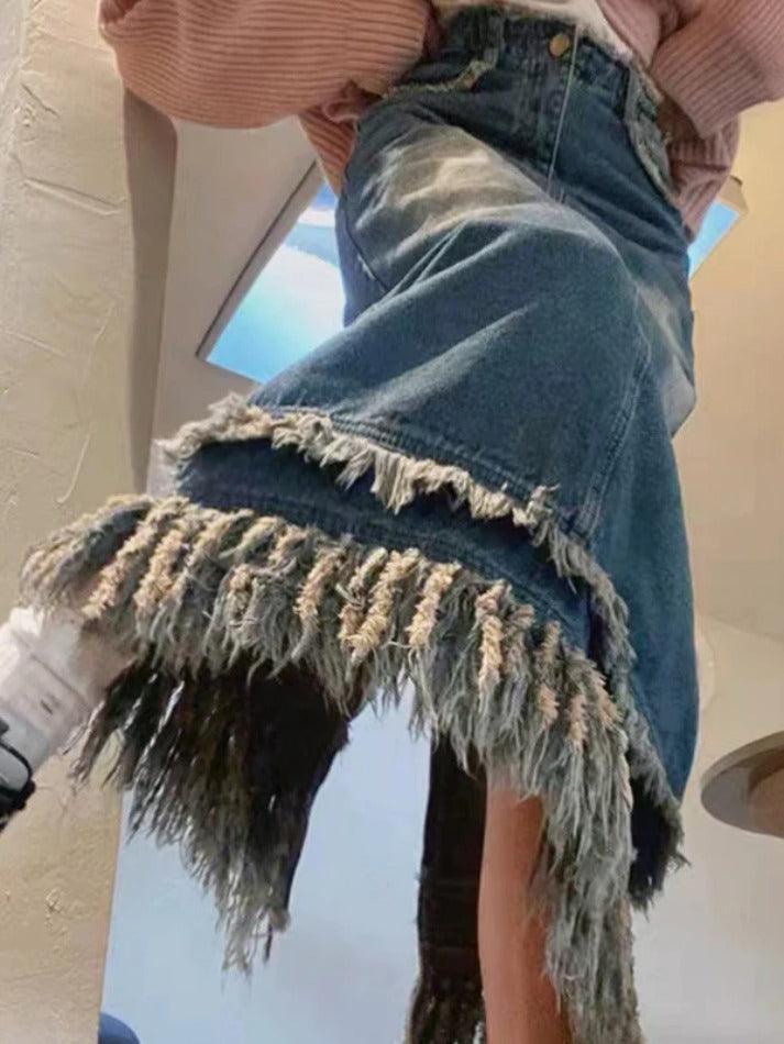 Levoire | Jupe Maxi Déchirée Denim Vintage Ourlet Fente Bleu