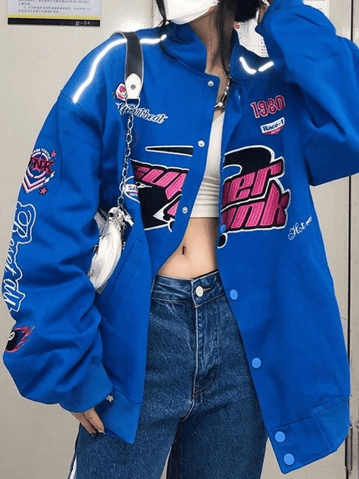 Levoire | Veste Varsity Moto Boutonnée Vintage Brodé Bleu