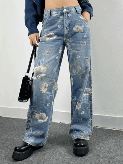 Levoire | Weinlese Fleurs Baggy Boyfriend Jeans Bleu