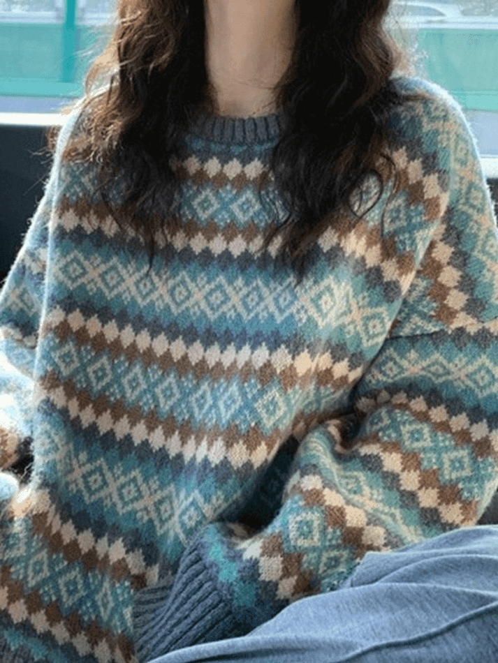 Levoire | Pull Vintage Jacquard Col Rond Vert Taille unique