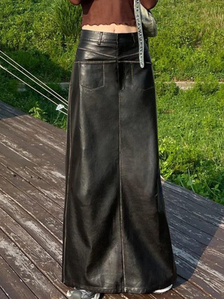 Levoire | Jupe Maxi Multi Poche Vintage Cuir Noir