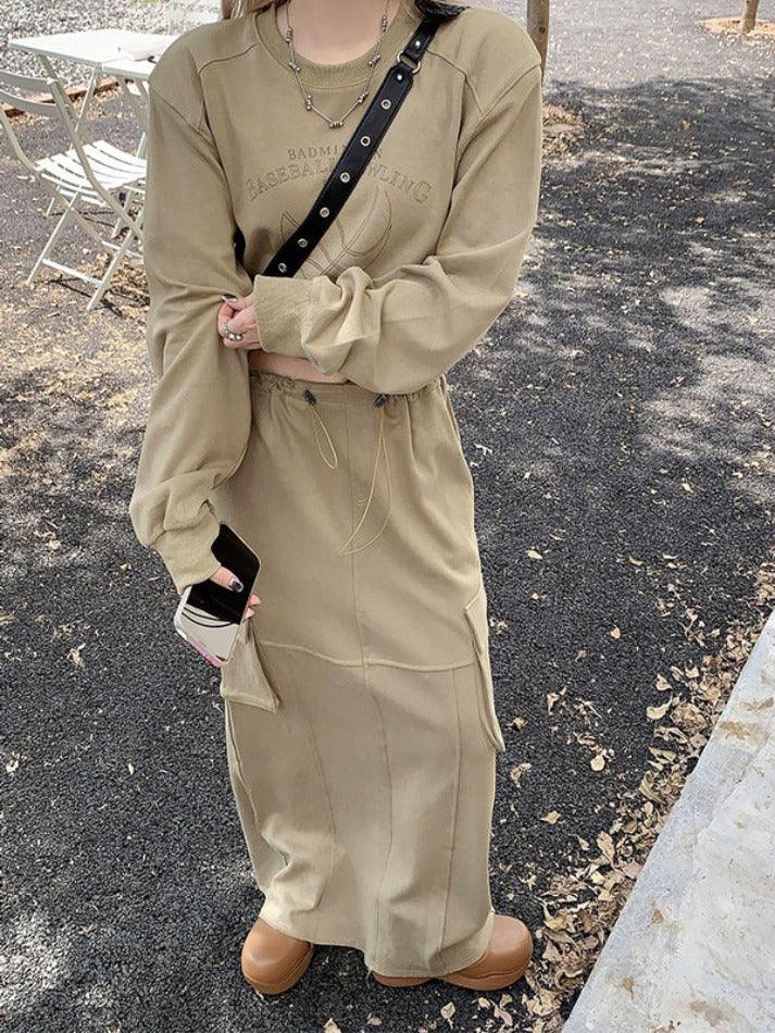 Levoire | Sweat-Shirt Court À Imprimé Vintage Et Ensemble De Jupes Cargo Avec Cordon De Serrage