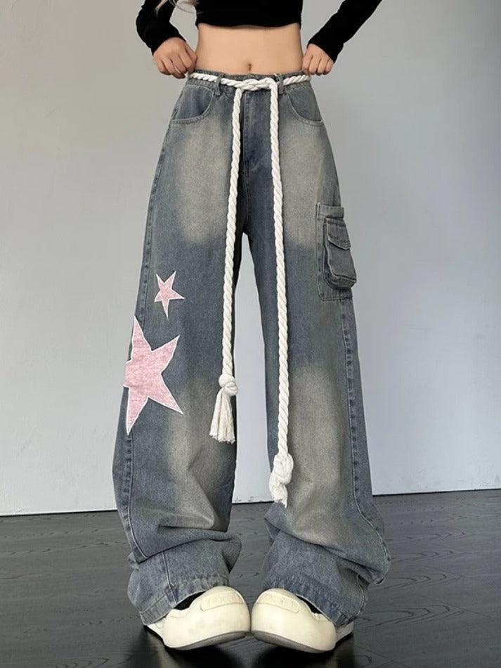Levoire | Jean Boyfriend Imprimé Patch Étoile Vintage Bleu