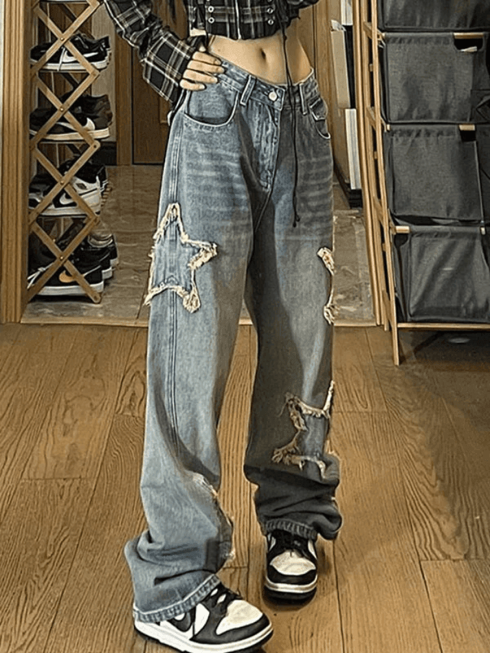 Levoire | Jean Boyfriend Délavé À Patch Étoile Weinlesewasch Bleu