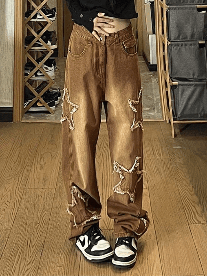 Levoire | Jean Boyfriend Délavé À Patch Étoile Weinlesewasch Braun