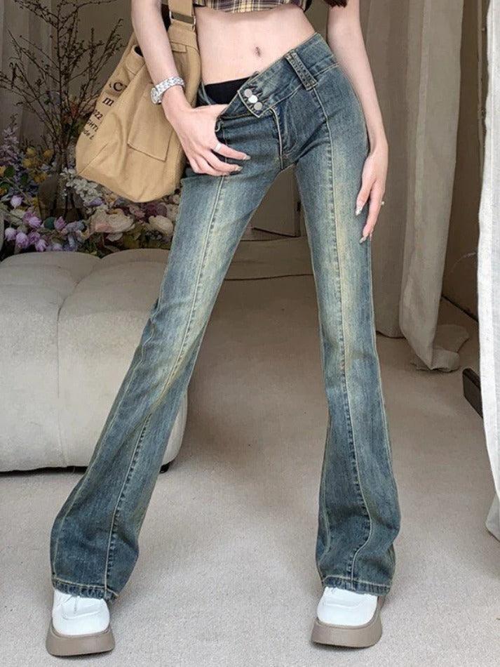 Levoire | Weinlese Wash Y2K Pantalons Évasés Bleu