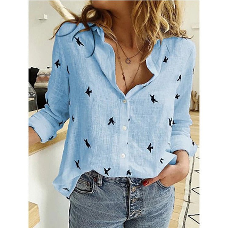 Levoire | Chemise Chic Boutonnée Imprimée Pour Femmes Bleu avec des oiseaux