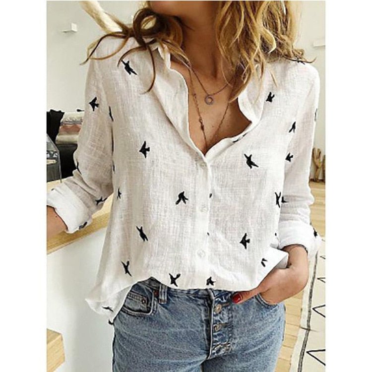 Levoire | Chemise Chic Boutonnée Imprimée Pour Femmes Blanc Avec Des Oiseaux