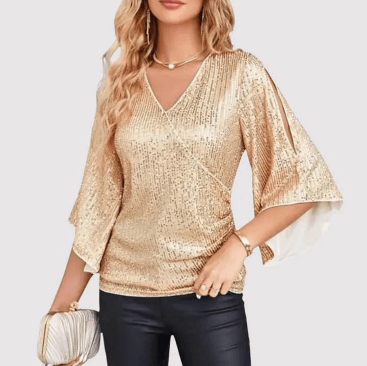 Levoire | Top à paillettes pour femmes avec décolleté en V Blouse élégante Beige or
