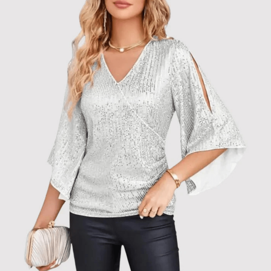 Levoire | Top à paillettes pour femmes avec décolleté en V Blouse élégante Argent