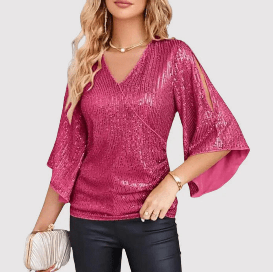 Levoire | Top à paillettes pour femmes avec décolleté en V Blouse élégante Rosa Rouge