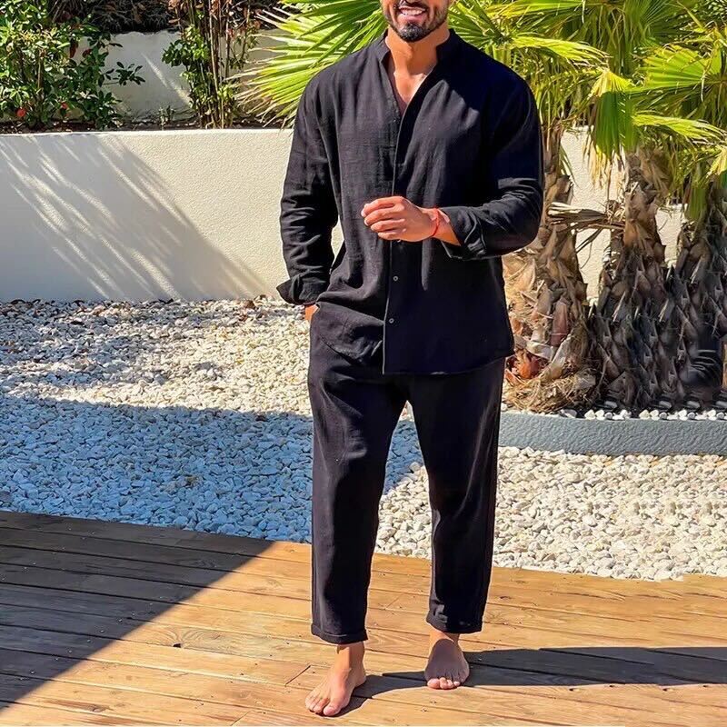Levoire | Ensemble Masculin En Lin Avec Chemise En Lin Et Pantalon En Lin Léger, Respirant Et Élégant Noir