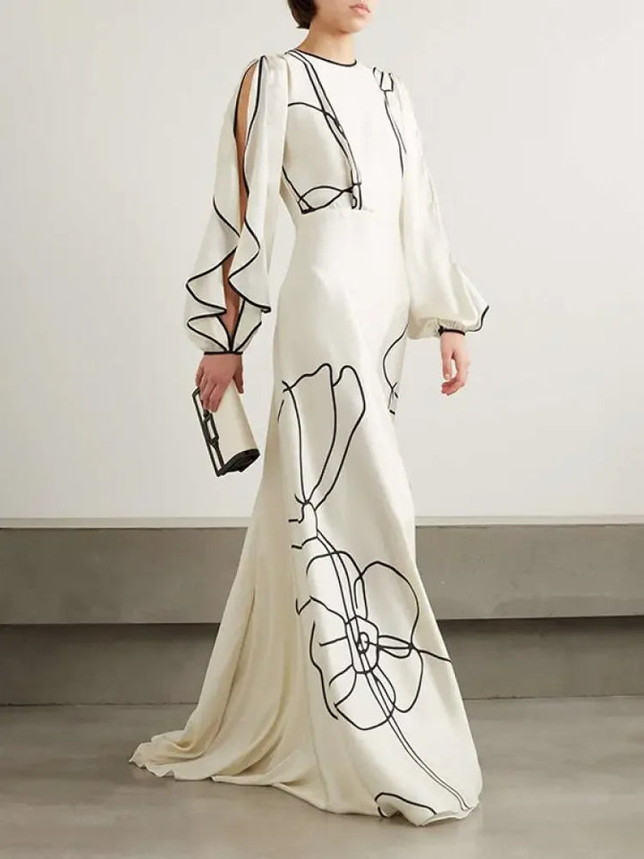 Levoire | Robe De Soirée Élégante Avec Des Bordures À Volants Et Motif Floral Blanc Noir