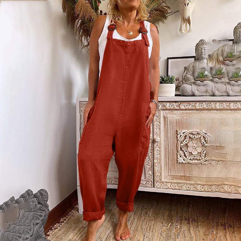 Levoire | Pantalons à jambes larges pour femmes avec boucle ajustable, coton et lin, combinaison avec poches Roue