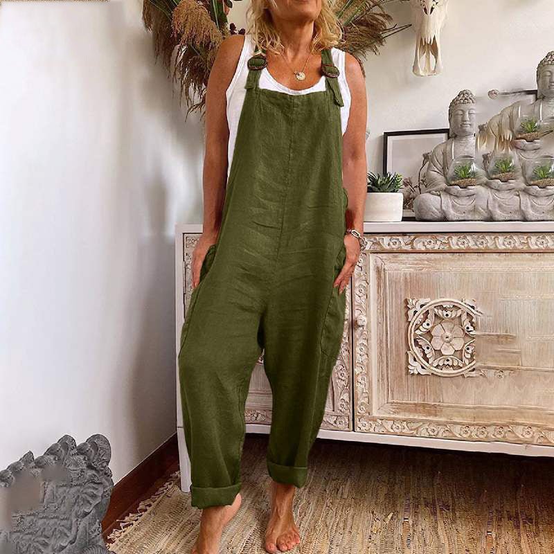 Levoire | Pantalons à jambes larges pour femmes avec boucle ajustable, coton et lin, combinaison avec poches Vert