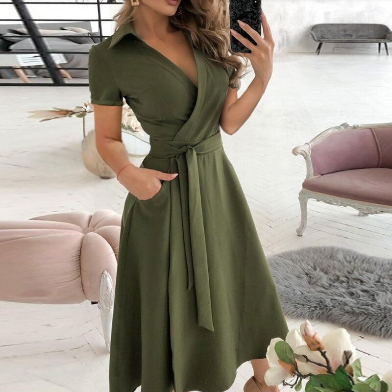 Levoire | Robe Mi-Longue Avec Ceinture Pour Femmes Vert olive V décolleté