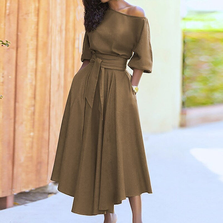 Levoire | Robe Mi-Longue Avec Ceinture Pour Femmes Khaki Off Épaule