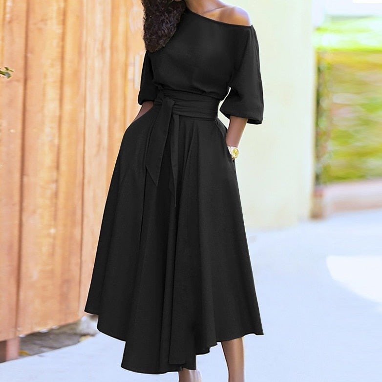Levoire | Robe Mi-Longue Avec Ceinture Pour Femmes Noir Off Épaule