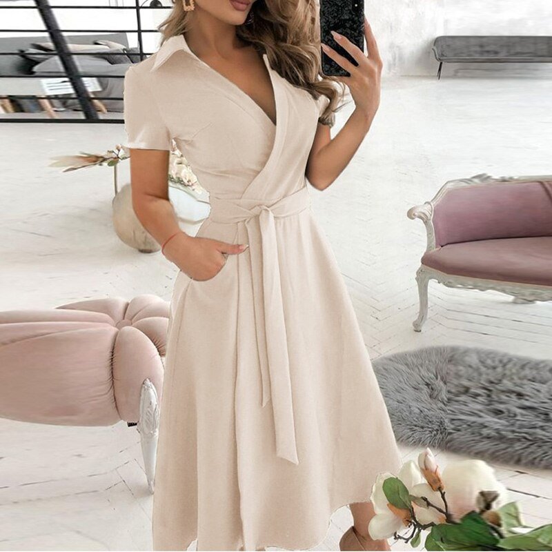 Levoire | Robe Mi-Longue Avec Ceinture Pour Femmes Beige V-décolleté