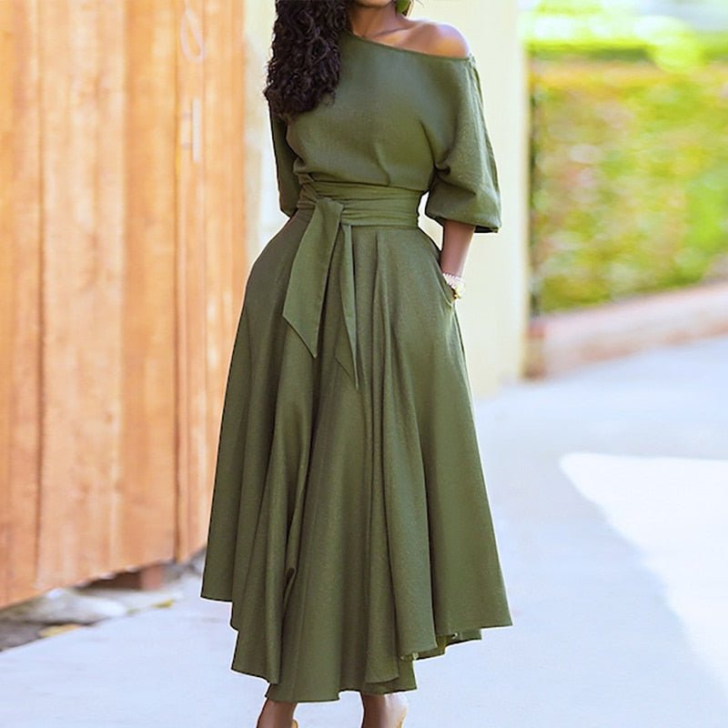 Levoire | Robe Mi-Longue Avec Ceinture Pour Femmes Vert Off Épaule