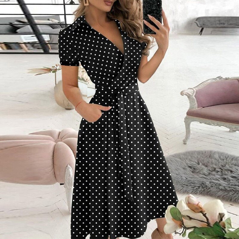 Levoire | Robe Mi-Longue Avec Ceinture Pour Femmes Noir à pois en V