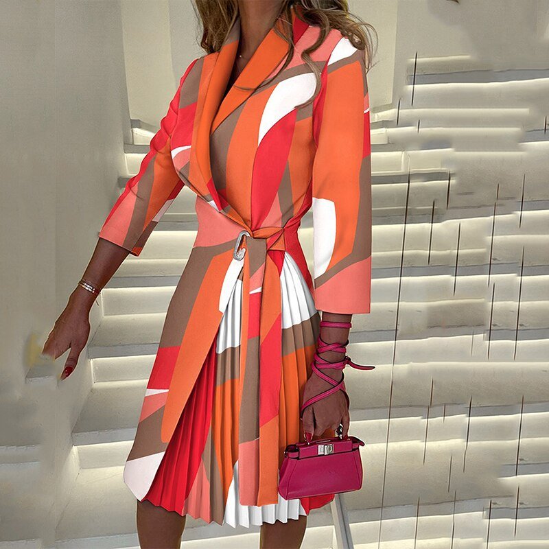 Levoire | Élégante Robe Blazer Avec Col Et Ceinture Pour Femmes Impression couleur orange