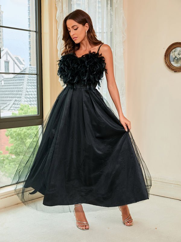 Levoire | Femmes Printemps Été Nouvelle Robe Réseau à Bretelles en Plume