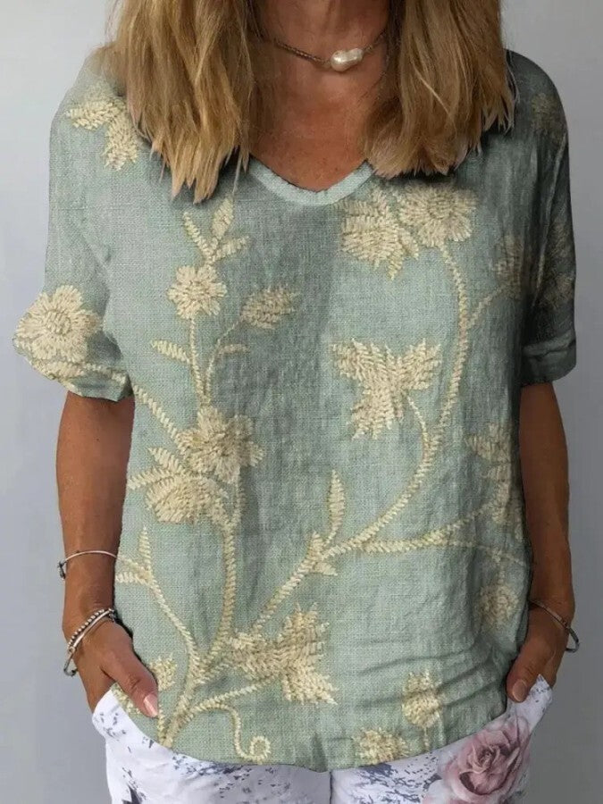 Levoire | Chemise décontractée pour femme à motif floral rétro en coton et lin Gris-bleu