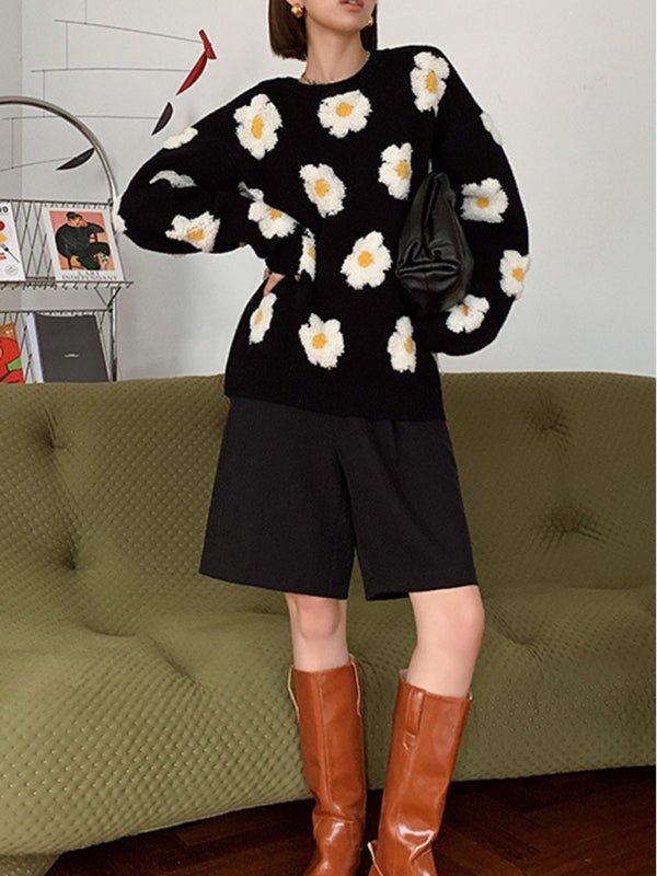 Levoire | Femmes 3D Doux Tricot Design Floral avec manches longues Pull Noir