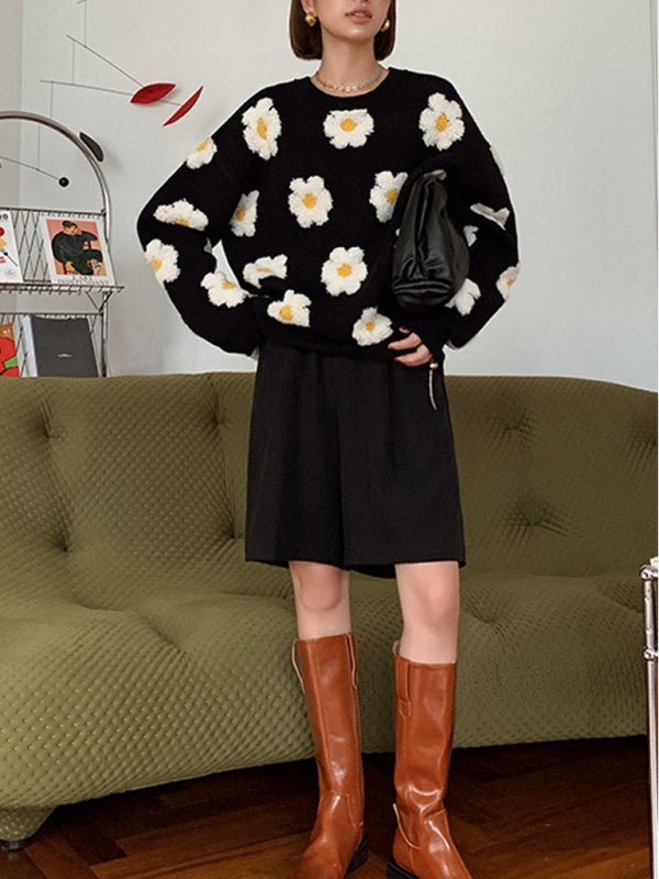 Levoire | Femmes 3D Doux Tricot Design Floral avec manches longues Pull