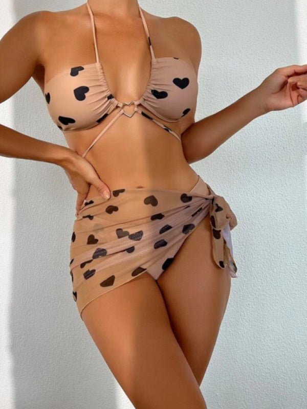Levoire | Femme 3-pack Grande Taille Imprimé Cœur Haut de Bikini et Shorts de Plage Cracker kaki