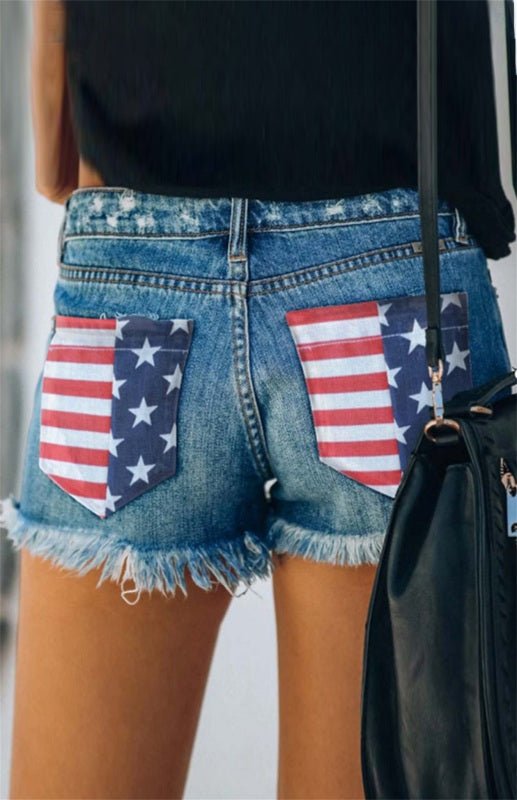 Levoire | Femmes Drapeau Américain Arrière Effiloché Short en Denim