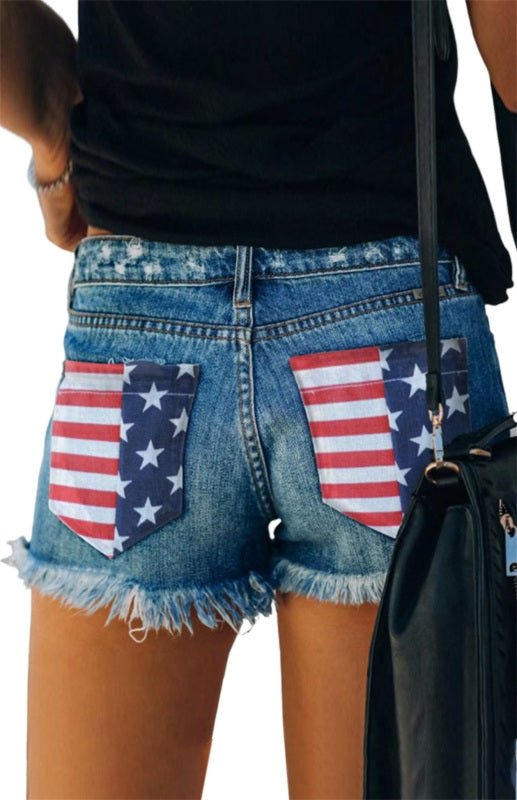 Levoire | Femmes Drapeau Américain Arrière Effiloché Short en Denim