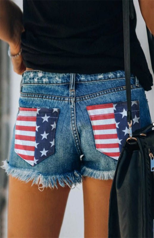 Levoire | Femmes Drapeau Américain Arrière Effiloché Short en Denim Bleu marine