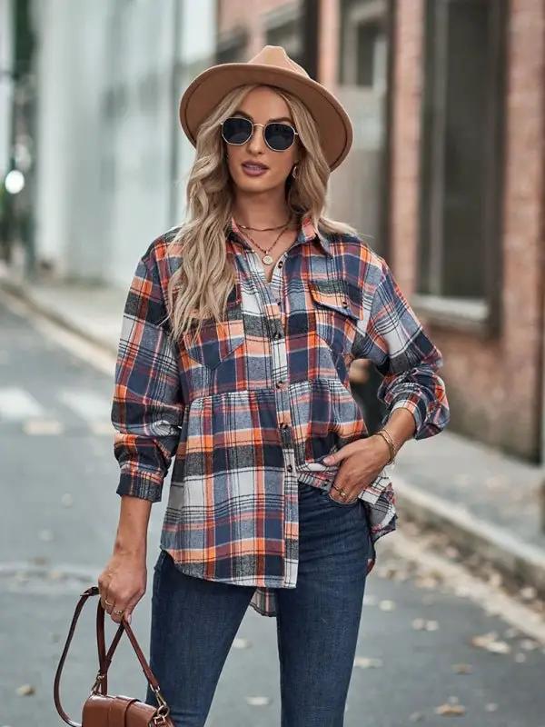 Levoire | Femmes Babydoll Style Col Évasé Manches Longues Avec Fermeture Boutonnée Chemise Veste à Carreaux