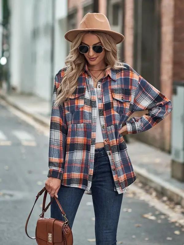 Levoire | Femmes Babydoll Style Col Évasé Manches Longues Avec Fermeture Boutonnée Chemise Veste à Carreaux Braun route