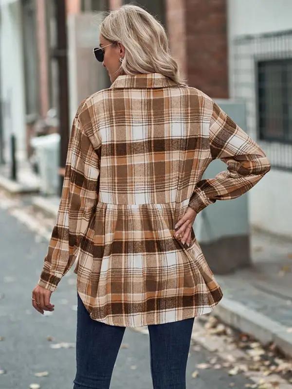Levoire | Femmes Babydoll Style Col Évasé Manches Longues Avec Fermeture Boutonnée Chemise Veste à Carreaux