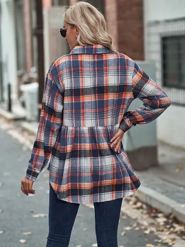 Levoire | Femmes Babydoll Style Col Évasé Manches Longues Avec Fermeture Boutonnée Chemise Veste à Carreaux