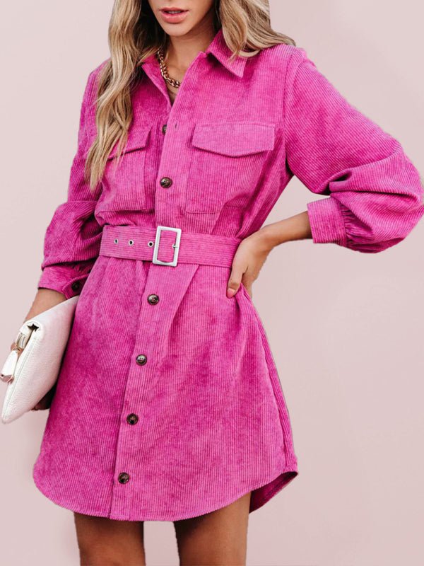 Levoire | Femme ceinture en robe-blouse en velours de coton à manches longues Rose rouge