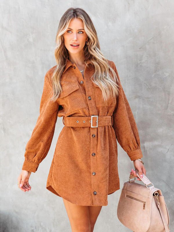 Levoire | Femme ceinture en robe-blouse en velours de coton à manches longues